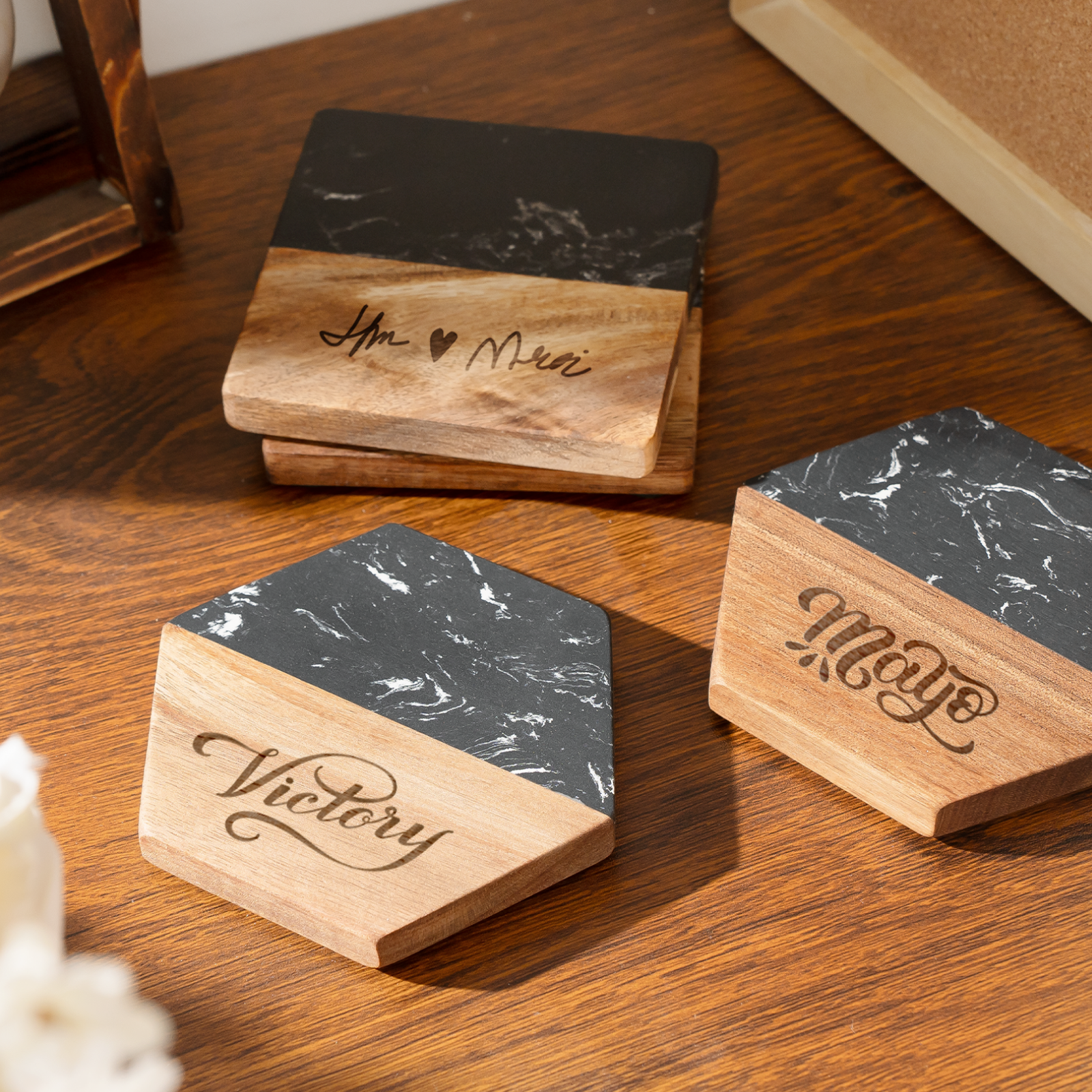 Premium Hexagon Marble & Wood Spliced Coasters