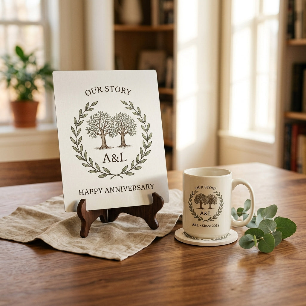 Anniversary gift set: metal print with matching mug and coaster