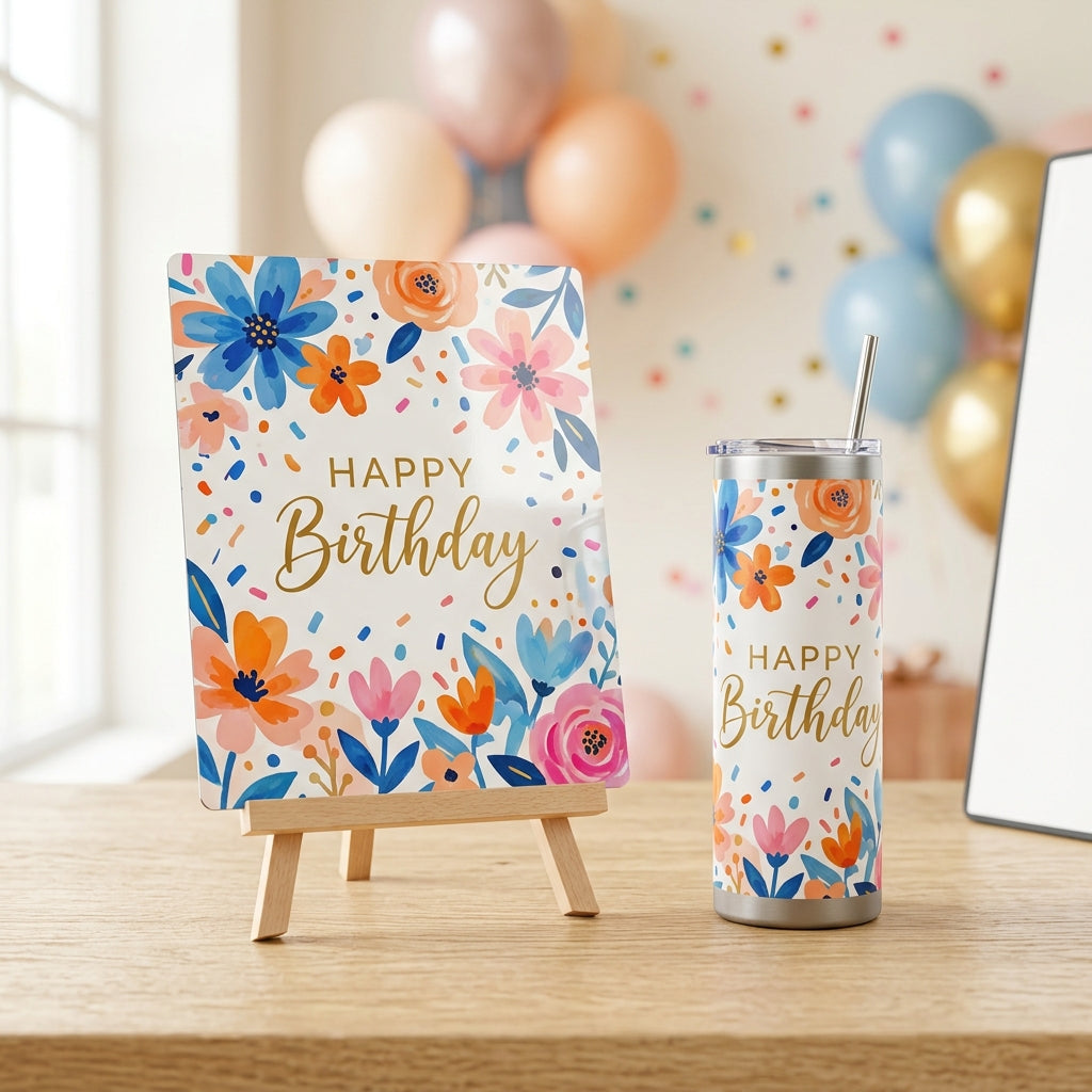 Birthday gift set: metal print on easel with a personalized tumbler