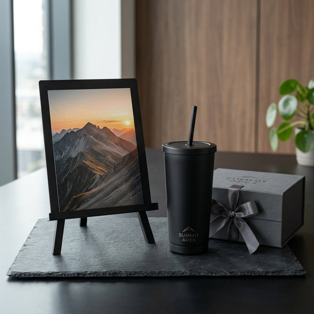 Corporate gift set: branded metal plaque and drinkware