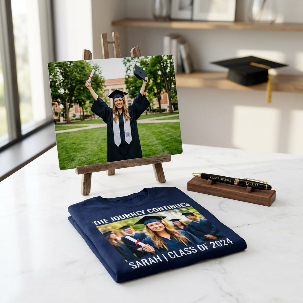Graduation gift set: metal print, engraved keepsake pen, and custom tee
