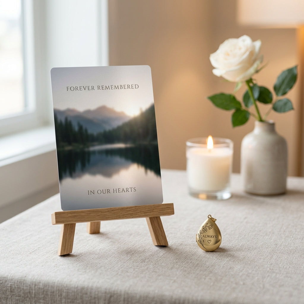Memorial keepsake metal print displayed on an easel